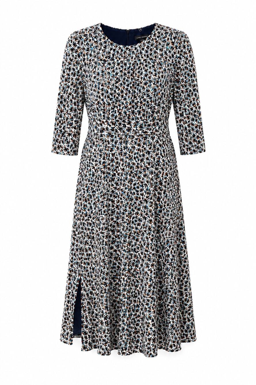 LOFT Ditsy Floral Midi Dress Blue 3/4 Sleeve Fit & Flare Slit  Workwear Size 14
